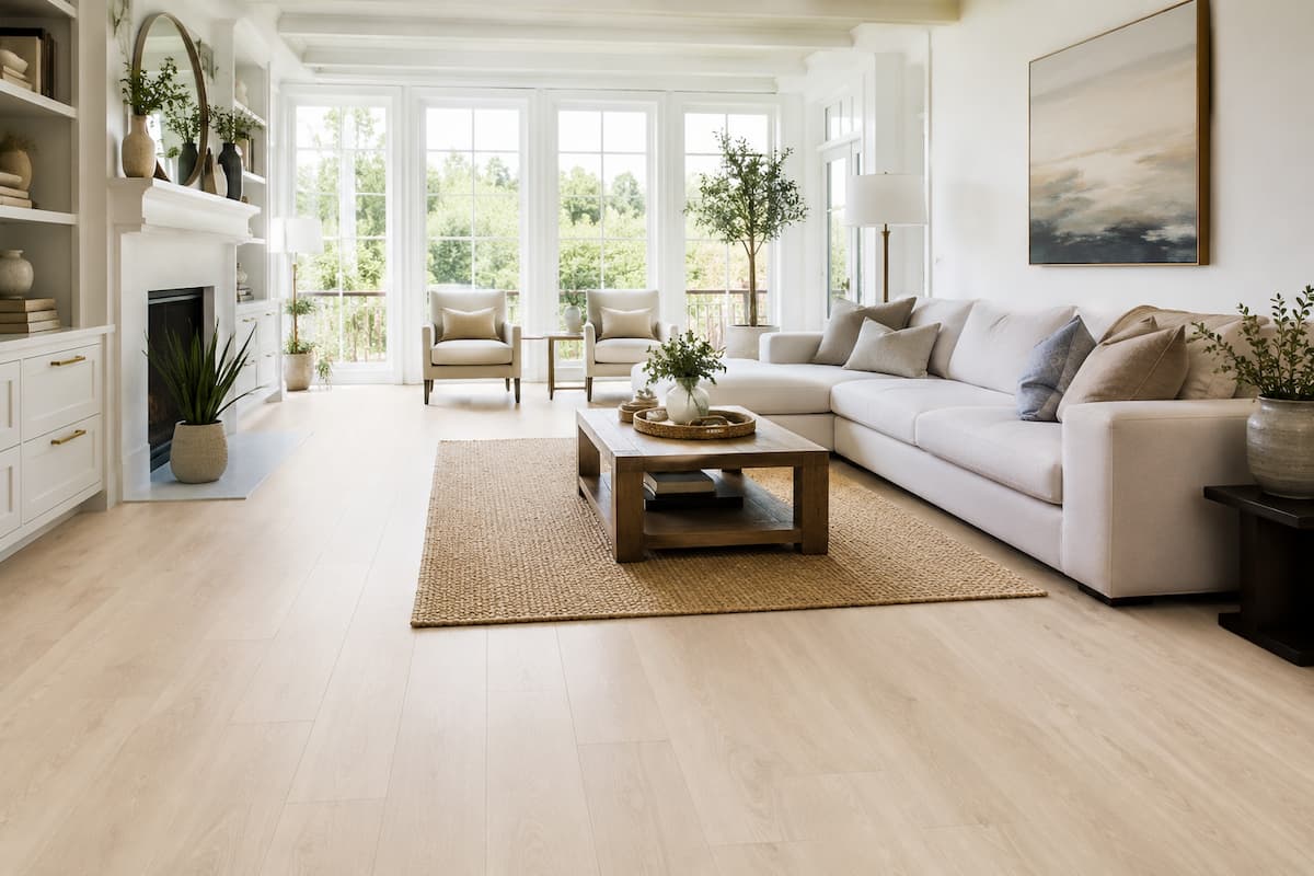 Salón amplio y luminoso con suelo vinílico claro de efecto madera, ideal para viviendas con mucha luz natural.