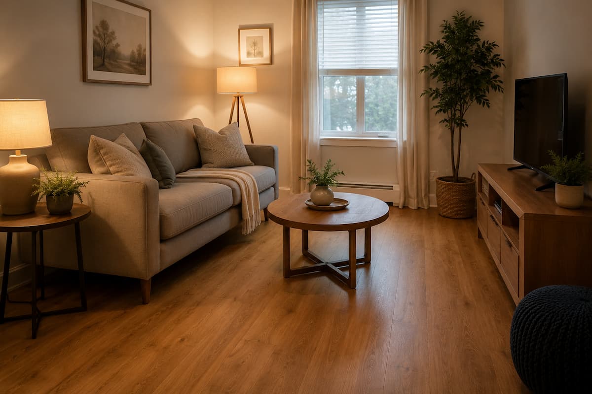 Salón acogedor con suelo vinílico de tono cálido, pensado para aportar calidez en estancias con poca luz natural.